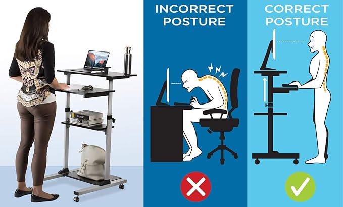 Mount-It! Rolling Desk Adjustable Height up to 54.7", Portable Standing Desk for Laptop or Podium Stand with Wheels, Mobile Roller Presentation Cart, Computer Work Station 27.5" Wide, Locking Wheels