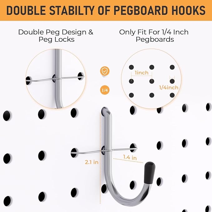 INCLY 1/4 Inch Pegboard Hooks, 100PCS Heavy Duty Metal Pegboard J Hooks Accessories with Peg Locks & Rubber Tipped, Peg Board Tool Hangers Fit 1/4" Pegboard for Wall Hanging Tools or Display Jewelry