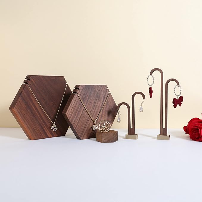 GemeShou 2 pcs walnut earring display stands for selling, cute earring hanger, wood hanging earring holder for boutique display【Y shape rectangle base-2pcs】