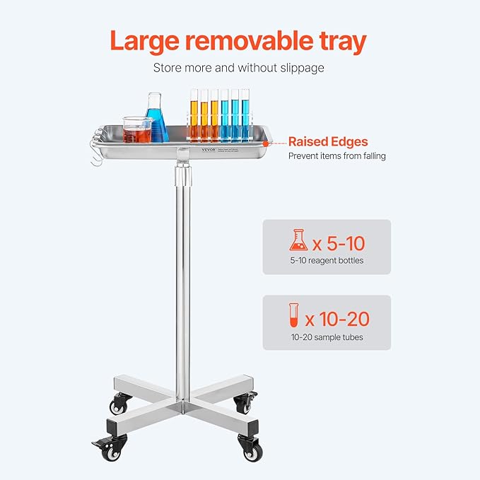 VEVOR Mayo Stand, Stainless Steel Mayo Tray, Load Capacity up to 36 lbs, Adjustable Height 31.9"-55", Medical Tray on Wheels with Removable Tray for Spa, Salon, Clinic, Personal Care