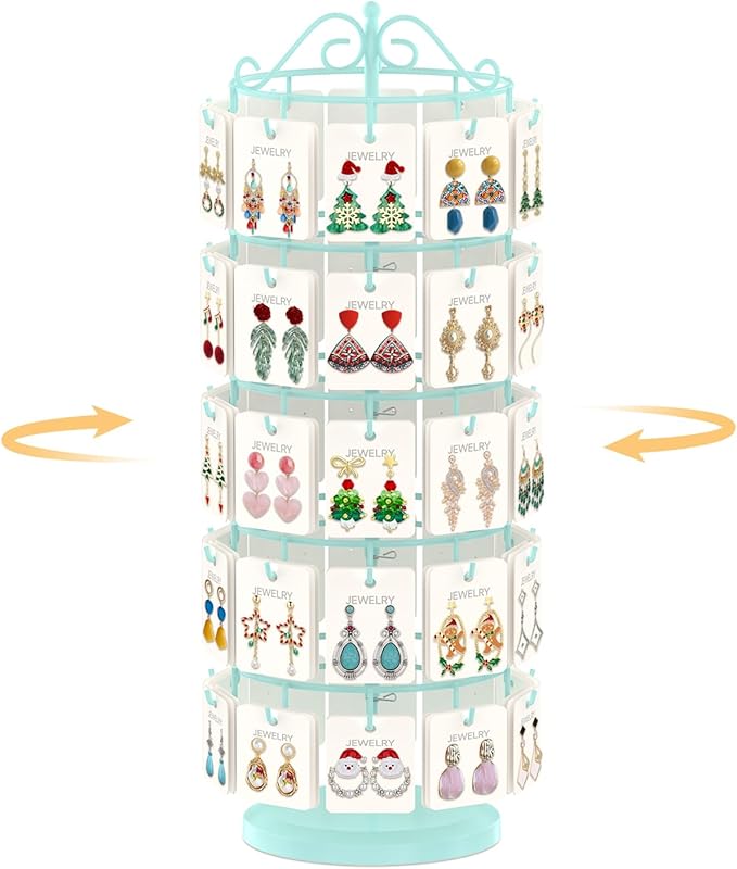 EsLuker.ly Earring Holder Organizer Rotating Display Tree Stand, Adjustable Height Earring Card Hanger Rack with 50 Hooks for Vendors Market Selling, 5 Tier Metal Jewelry Storage Tower,Blue