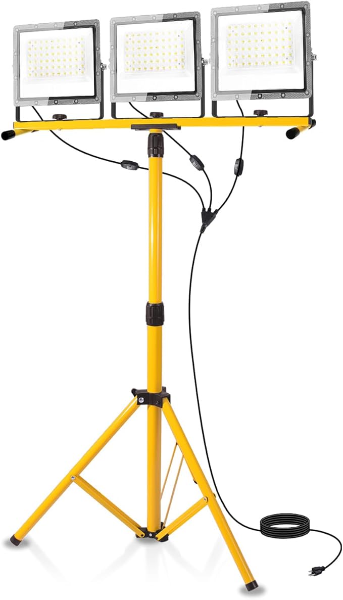 27000 Lumen LED Work Light with Stand, 3-Head Adjustable Tripod Lights with 16.5FT Extended Cord, IP65 Waterproof Work Lamp for Indoor & Outdoor Job Sites, Workshops, Construction, Garage Lighting