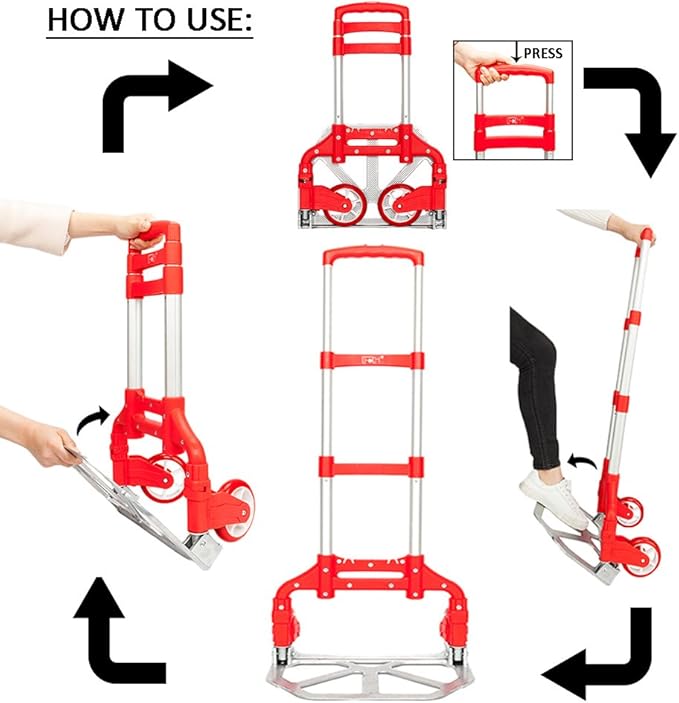 FCH Folding Hand Truck, Aluminum Portable Folding Hand Cart,165lbs Capacity Hand Cart and Dolly Ideal for Home, Auto, Office,Travel Use, Red