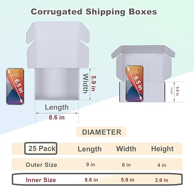 MEBRUDY 9x6x4 Inches Shipping Boxes Pack of 25, White Corrugated Cardboard Box for Mailing Packing Literature Mailer