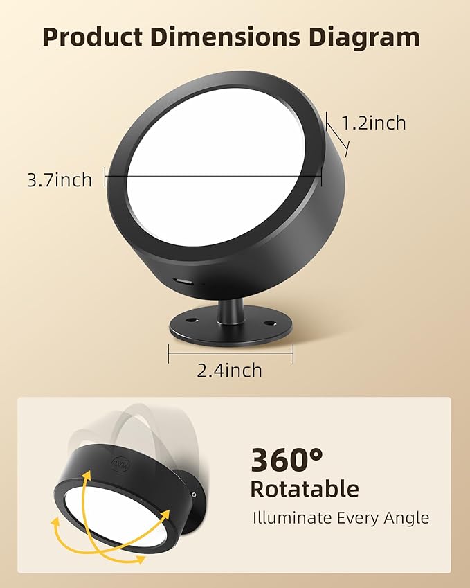 EZVALO LED Wall Mounted Lights, 5500mAh Rechargeable Wall Light Wall Sconces Lamp, 3 Color Temps & Remote and Touch Control, 360°Rotation Dimmable Cordless for Bedroom Reading Study Bedside (Black)