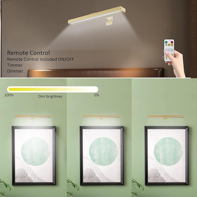MIOBLUE 2Pack Picture Lights,16in Battery Operated Picture Lights for Paintings,Metal Rechargeable Art Display Light with Remote Control,Dimmable/Timer Off Dartboard Light for Paintings,Picture,Frame