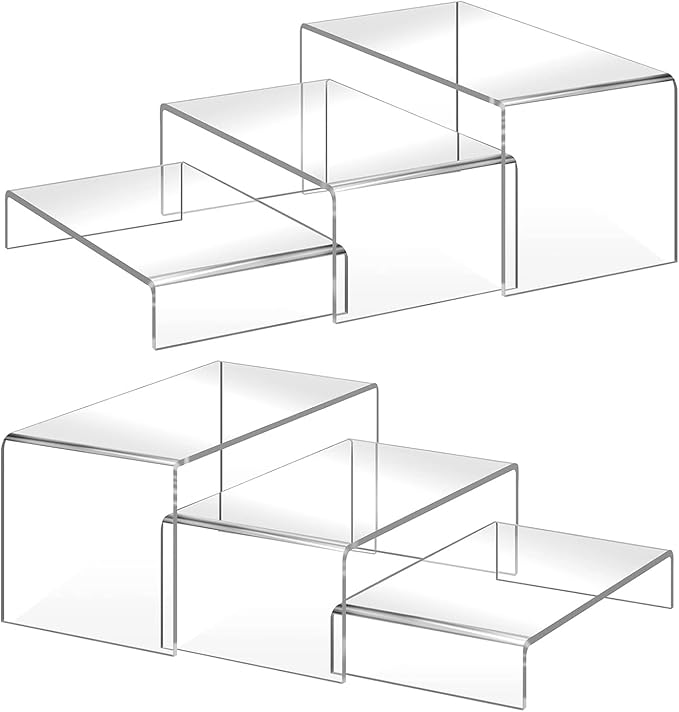 6PCS Acrylic Display Risers, 12'' Large Acrylic Risers Display Stands,Tiered Shelves for Gemstone, Curio, Figurines, Collectibles and Home Deco