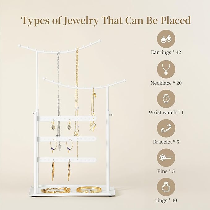 LAMU Jewelry Organizer, 5 Tier Jewelry Stand Display with Anti Entanglement Necklace Holder Tree, Height Adjustable Stroage for Earrings Rings Studs Bracelet, Christmas Gifts for Women Girls, White