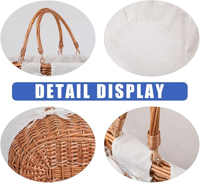 Large Wicker Picnic Basket with Handles,Handle Sturdy Woven Body with Removable and Washable Lining,Outdoor Camping,Gift Packing,Garden Picking, Storage.White