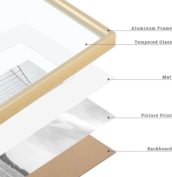 Frametory, 11x14 Metal Picture Frame with Mat for 8x10 Picture & Real Glass, Aluminum Photo Frame Collection (Gold, 1 Pack)