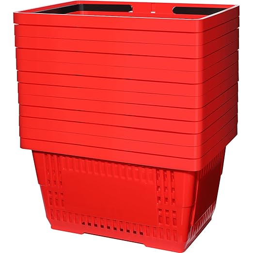 12 Pcs Shopping Baskets 20 L Plastic Store Retail Baskets with Handles 16.9 * 11.8 * 9.1 Inches for Market Grocery Supplies Thrift Convenience Storage(Red)