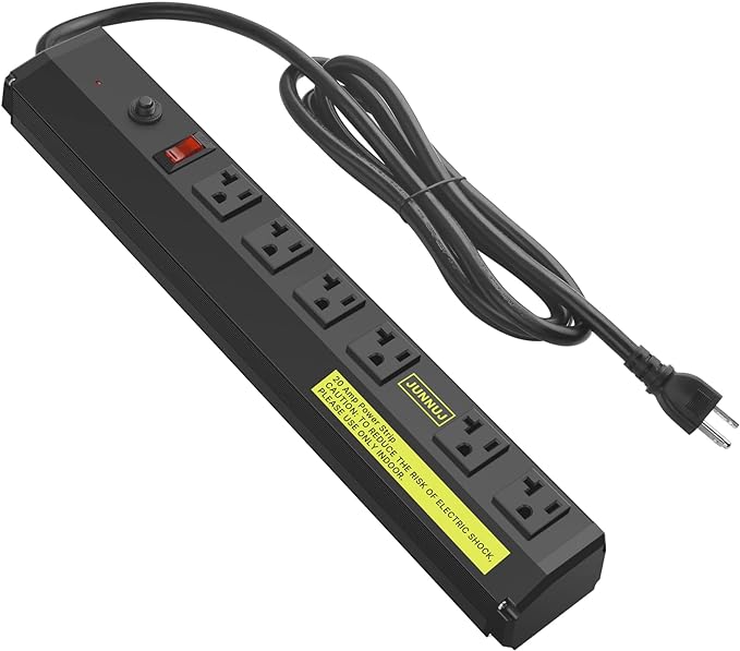 JUNNUJ Heavy Duty 20 Amp Power Strip 4800J, High Amp Surge Protector 6 Outlet, 20A Power Strips Workshop Industrial Outlets Wide Spaced 6-20R T-Slot with Circuit Breaker, 12 Gauge Extension Cord 6ft