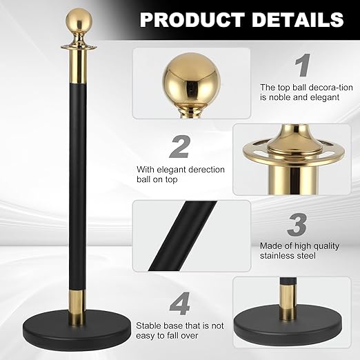 8PACK Stainless Steel Stanchion Post Queue 5 ft Black Velvet Ropes and Stanchion Poles Set Crowd Control Barriers with Fillable Base Used for Party Wedding Theaters Red Carpet - Black & Gold Color