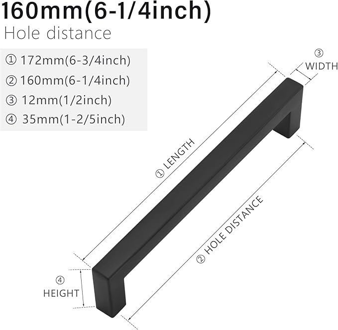 Cabinet Pulls Matte Black Cabinet Handles Square Drawer Pulls, 50 Pack 6-1/4 Inch Stainless Steel Kitchen Door Cupboard Cabinet Handles, Black Drawer Hardware Handles, 160mm Hole Centers