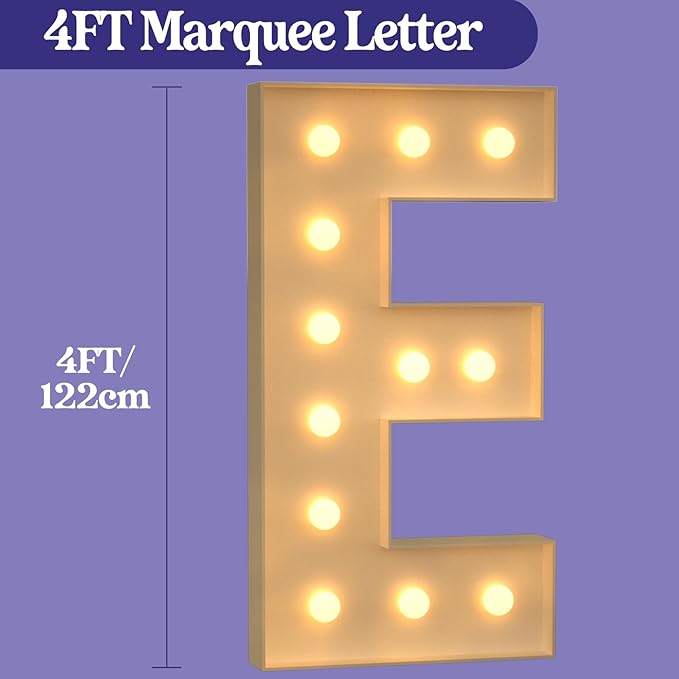 Marquee Letters 4 Feet Tall, 4FT Large Light up Letters E, Big Sign E with Warm White Light for First Birthday Wedding Proposal Engagement Graduation Party Backdrop Decorations