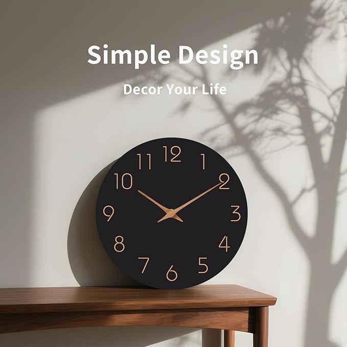 Mosewa Wall Clock 14 Inch Black Battery Operated Silent Non Ticking Simple Minimalist Rose Gold Numbers Decorative for Bedroom Living Room Kitchen Home Office