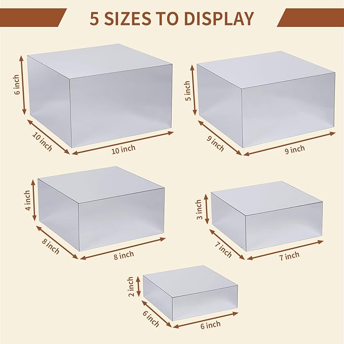 Acrylic Risers for Display 5 Pcs, Food Risers for Party Silver Display Stands Box Nesting Display for Jewelry Bag Cosmetics Catering Dessert Collectibles