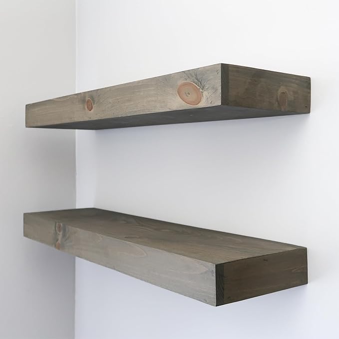 Urbandi Modern Floating Shelves 3 Inches Thick for Wall, Wide Shelves for Kitchen, Living Room, Bedroom, and Bathroom, Natural Pine Wood, Rustic Wooden Shelf, (Set of 2) (Aged Barrel, 48Lx3Hx8D)
