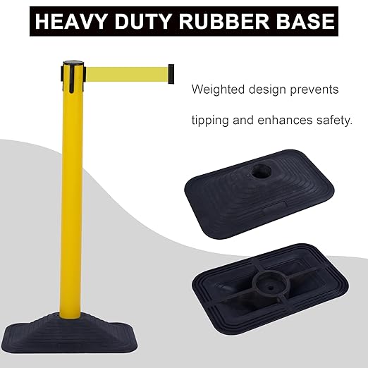 OangeStar 4-Pack Commercial Crowd Control Stanchions with 10ft Retractable Belt, Heavy Duty Queue Barriers for Events, Black Rubber Base Post for High Traffic Areas, Banks & Retail Stores, Yellow