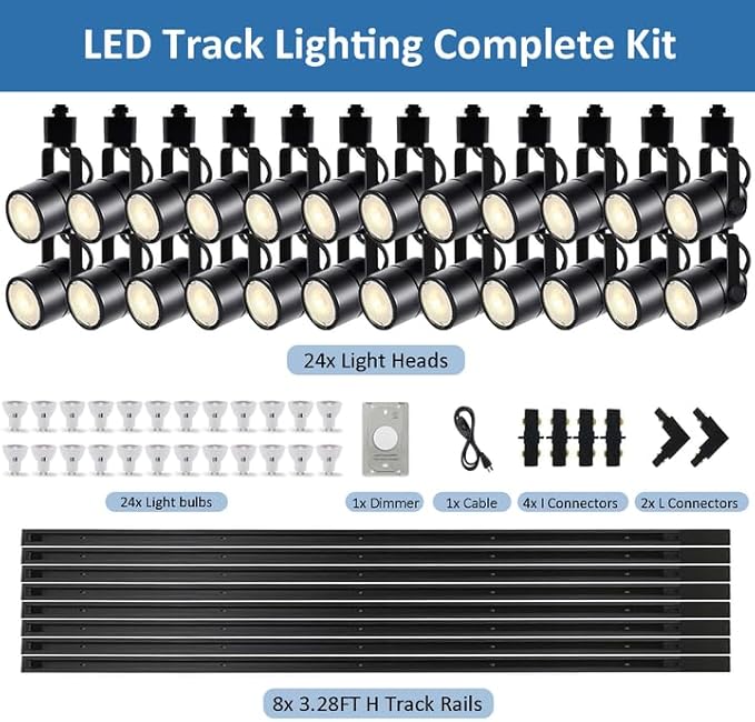 Dimmable 24-Pack GU10 Track Lighting Kit with Dedicated Dimmer, All-in-One Plug in 3CCT Ceiling Spotlights with 26.2FT Track Rails, Accent Lighting for Home, Store, Moblie Cart and Office