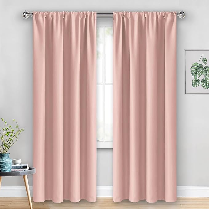JIUZHEN Blush Pink Blackout Curtains for Bedroom - Thermal Insulated Room Darkening Rod Pocket Curtains for Living Room, Set of 2 Panels with Tiebacks, 42 x 84 Inch Length, Blush Pink
