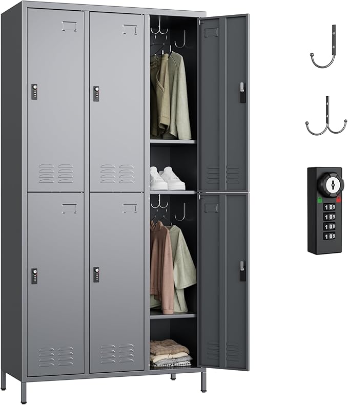 Aobabo Combination Lock Metal Storage Locker for Employees, 6 Doors Lockable Storage Locker with 18 Hooks for Office Gym School, Dark Grey, Assembly Required