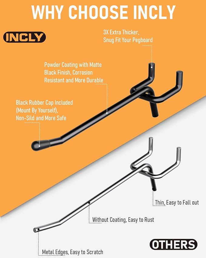 INCLY 60 Pack 4 Inch Black Pegboard Hooks, 1/4" Heavy Duty Peg Board Shelving Hooks Accessories, Peg Board Tool Hangers Only Fit 1/4" Pegboard Hanging Tools Garage, Craft Organizing, Kitchen, Store