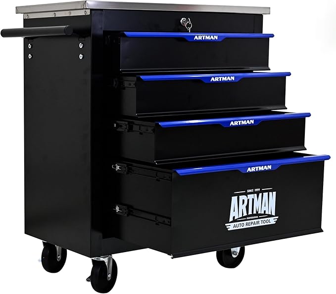 4 Drawer Rolling Tool Chest with Locker, 25.9" D Metal Movable Lockable Tool Cart Box Multi-Functional Hardware Storage Cabinet Box for Warehouse Basement Home Pantry Garage