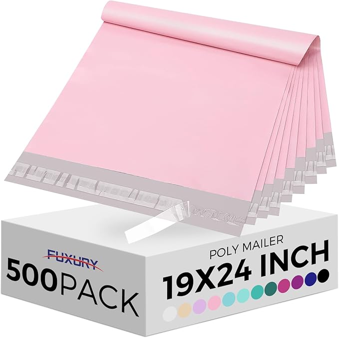 Fuxury Large Poly Mailers 19x24 Inch 500 Pcs, Bulk Shipping Bags for Clothing, Strong Adhesive Shipping Envelopes for Small Business Suppliers,Waterproof Mailers Poly Bags Mailing Envelopes Pink