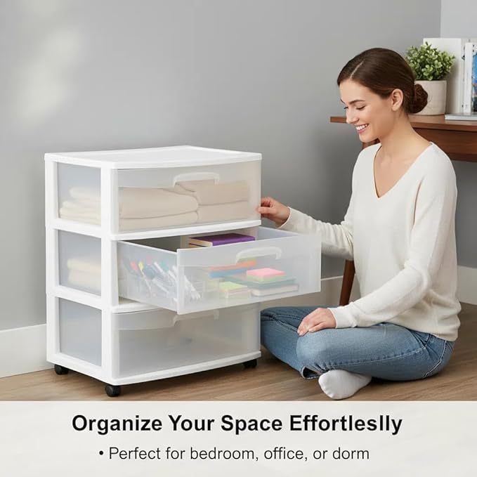 3 Drawer Wide Plastic Storage Cart with Clear Pull-Out Drawers & 4 Wheels - Medium Home Organization Container for Classroom Bathroom Dorm Bedroom Laundry Room (White)