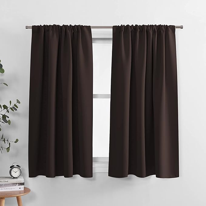 PONY DANCE Bedroom Curtains Drapes - Blackout Panels Home Fashion Solid Rod Pocket Curtain Blinds Home Decor Thermal Insulated Light Block, Wide 52 x Long 54 inch, Chocolate Brown, 1 Pair