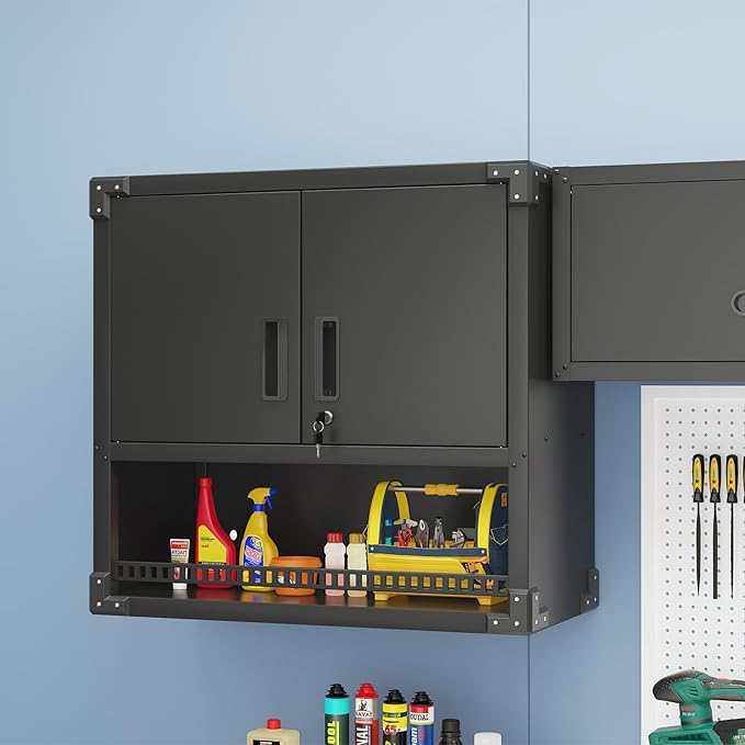 Metal Wall Mounted Cabinet with Locking Doors, Open Shelf, Adjustable Hanging Garage Storage Cabinet, Floating Upper Tool Cabinets for Shop, Kitchen, Bathroom (Black, 30''W x 12''D x 30''H)