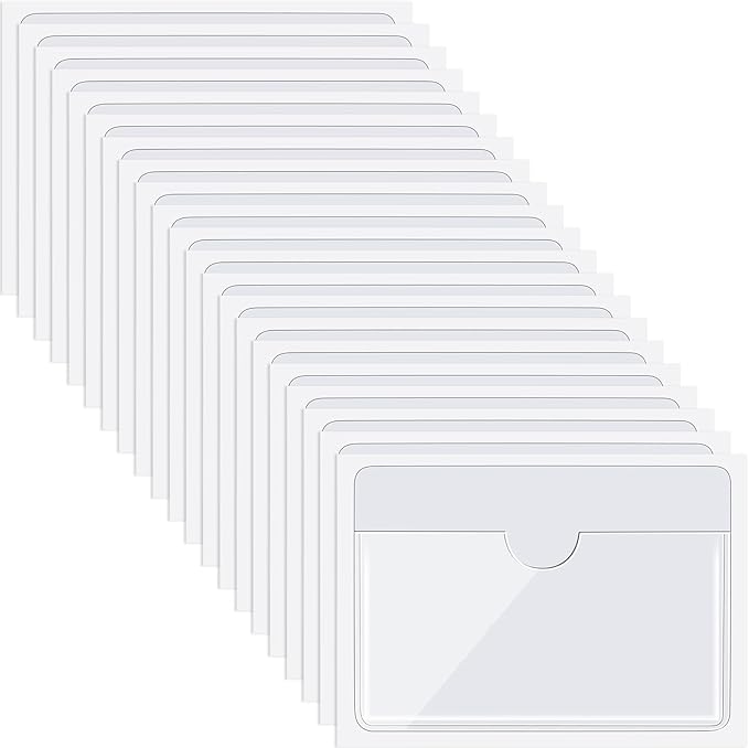 Chinco 50 Pack Clear Adhesive Pockets, Labels for Storage Bins, Plastic Self Adhesive Index Card Holder with Top Open for Organizing Bins Box Drawer(2.5 x 4.06 Inches)