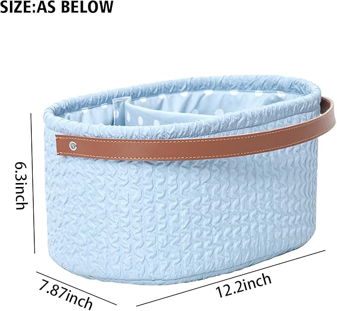 Blue Oval Double Compartment Pleated Fabric Basket - Quilted Fabric Storage Basket with PU Carrying Handle - Collapsible Organizer for Home, Picnic, Shopping, Traveling
