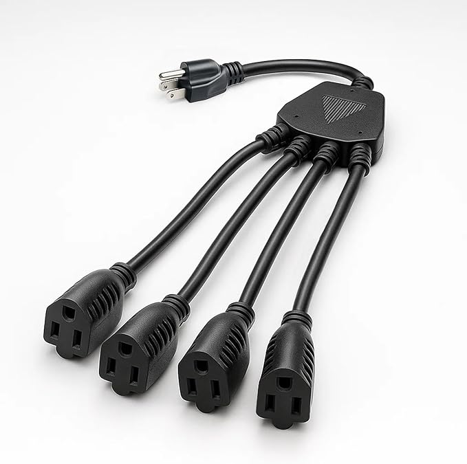 oviitech 1 to 4 Splitter Power Cord,3-Prong SJTW 16 Gauge/3C Extension Cord,1.5FT 4 Outlet Y Splitter Power Extension Cable,Black.
