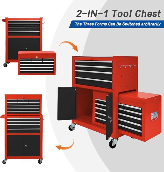 13-Drawer Rolling Tool Chest with Double Door, Extra Large Storage Cabinets with Tool Box, 2-in-1 Detachable Design, 600 lbs Capacity with Lockable Wheels for Garage, Mechanic & Home Use (Red＆Black)
