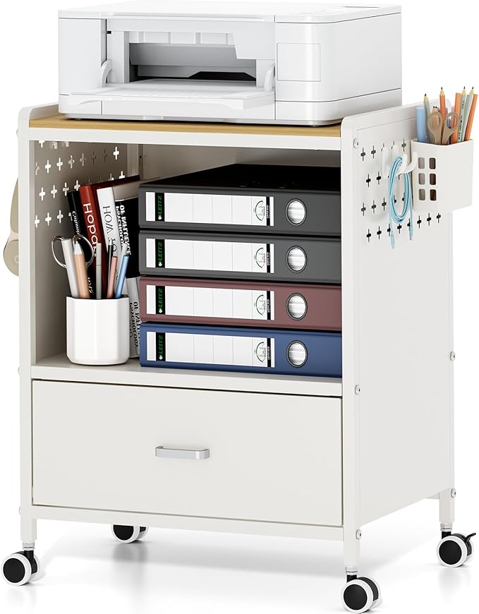 TOOLF 1-Drawer Mobile File Cabinet with Wheels, MDF Wooden Panel Printer Stand with Adjustable Shelves, 2 Storage Bins & 4 Hooks, Home Office Organization