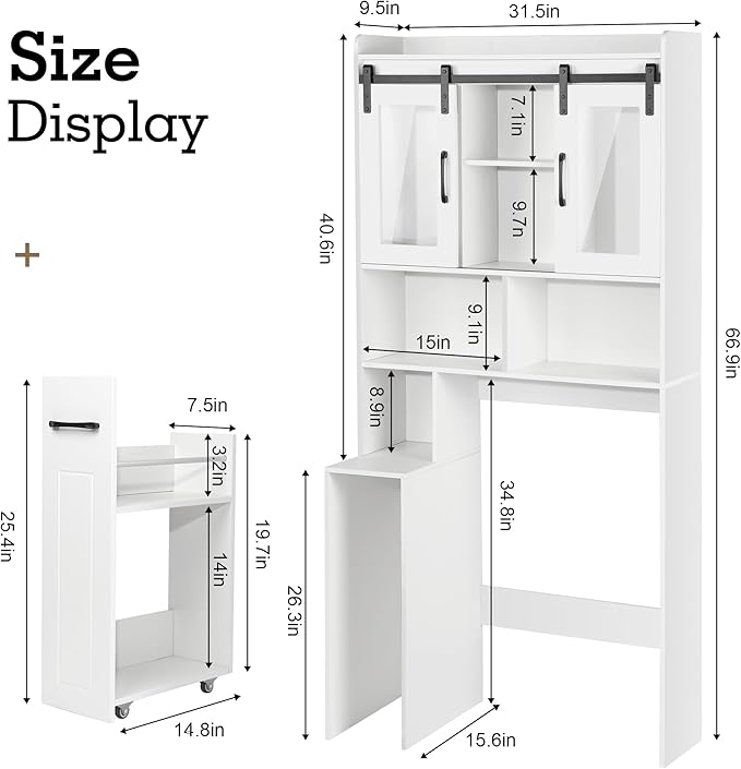 Extendable Rolling Drawer-Style Toilet Storage Cabinet. Conveniently Mobile. Sliding Storage Doors. Adjustable Shelving. Compact Bathroom Storage. Toilet Paper Holder. Bathroom, Toilet, Laundry Room