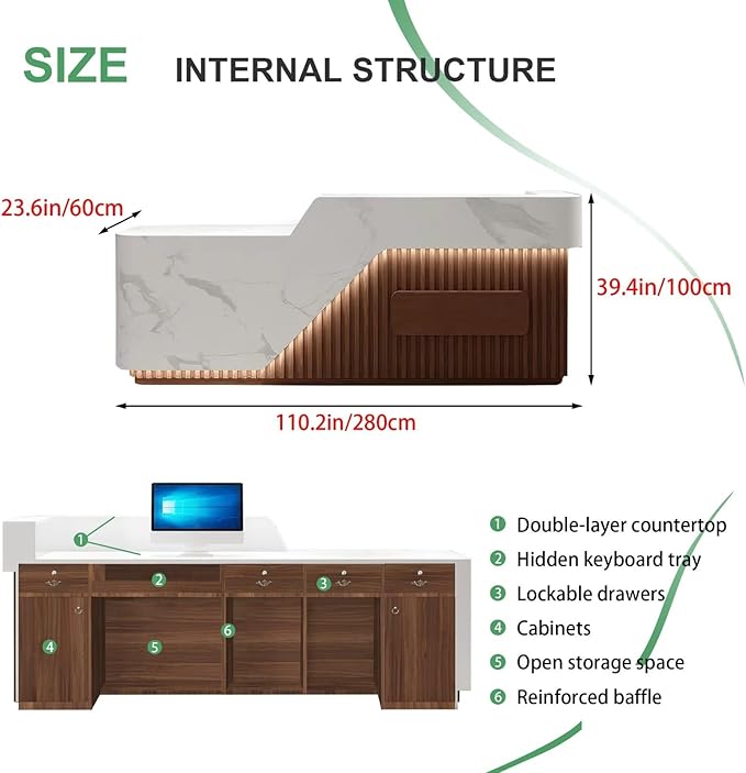 Modern Reception Desk with Counter Front Reception Table with Hidden LED Lighting Commercial Receptionist Desk White and Brown Checkout Counter Fully Assembled and Ready to Use 110inch/280cm