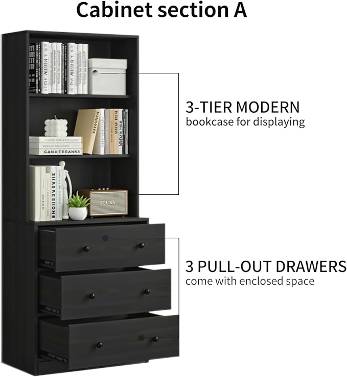 TUSY 71" H Bookshelf Bookcase with Doors, 3-Tier Modern Bookshelves with 3 Large Drawer, Display Bookcase with Glass Doors, Modern 5-Tier Curio Cabinet for Home Office, Dining Room (Black, ABA)