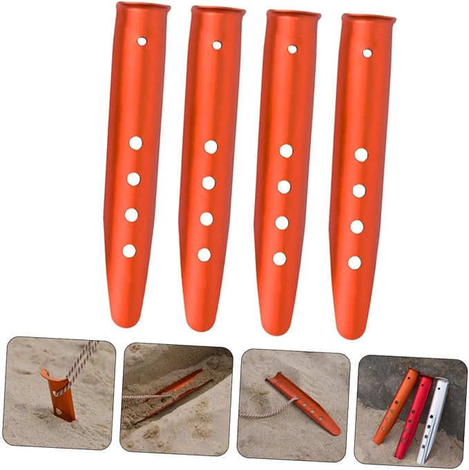 4Pcs Aluminum Tent Stakes Orange Lightweight Ground Pegs for Camping Beach Sand Snow Outdoor Tent Ground Anchors