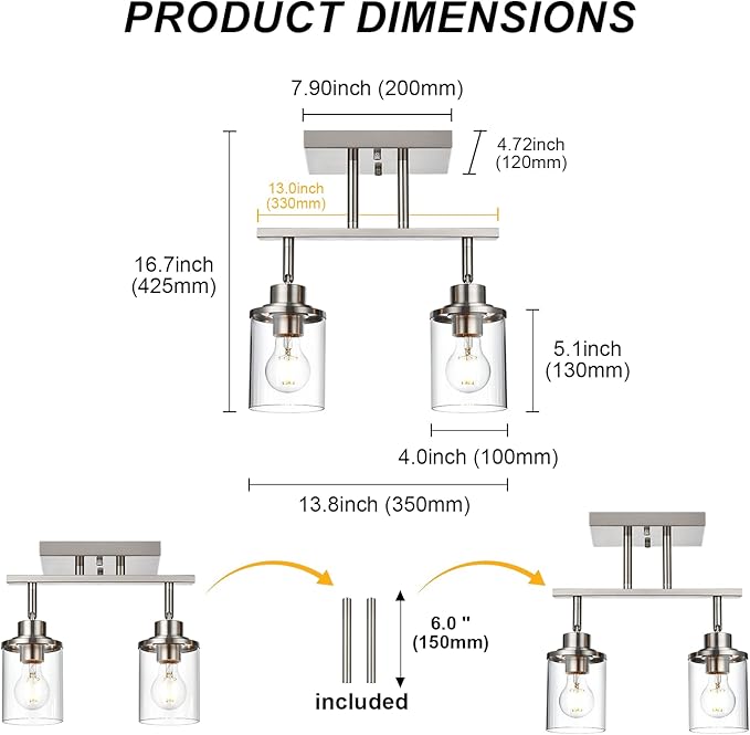 Yaohong 2-Light Track Lighting Kit Brushed Nickel Track Lighting Fixtures, Bathroom Wall Light Ceiling Mount Rotatable Spotlights, Kitchen Ceiling Light Fixtures with Glass Shade for Bathroom Hallway