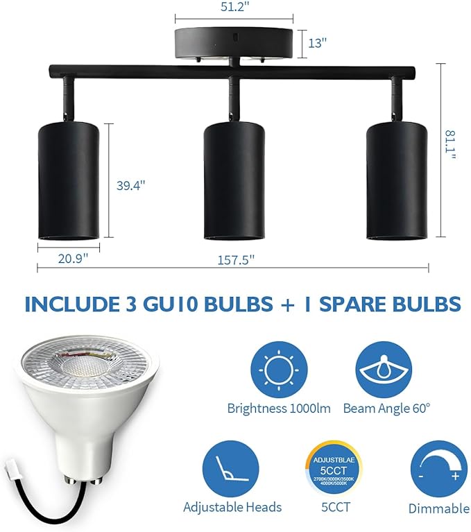 Jolux LED 3 Light Track Lighting Kit, Black 3 Way Ceiling Spot Lighting, Included 3 GU10 Bulbs 1000LM 5CCT Selectable,Flexibly Rotatable Light Head for Kitchen Gallery Art Walls Hallway Living Room