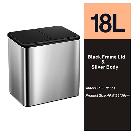 Stainless Steel Touchless Automatic Trash Bin - Dual Compartments 18L for Kitchen Garbage Sorting & Recycling - Hygienic & Space-Saving Waste Solution