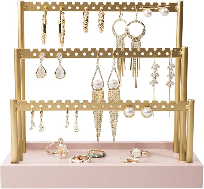 SANY DAYO HOME 3-Tier Earring Holder Organizer Stand, 105 Holes Gold Metal Earring Rack Jewelry Display Tree with Pink Wood Tray for Women and Girls