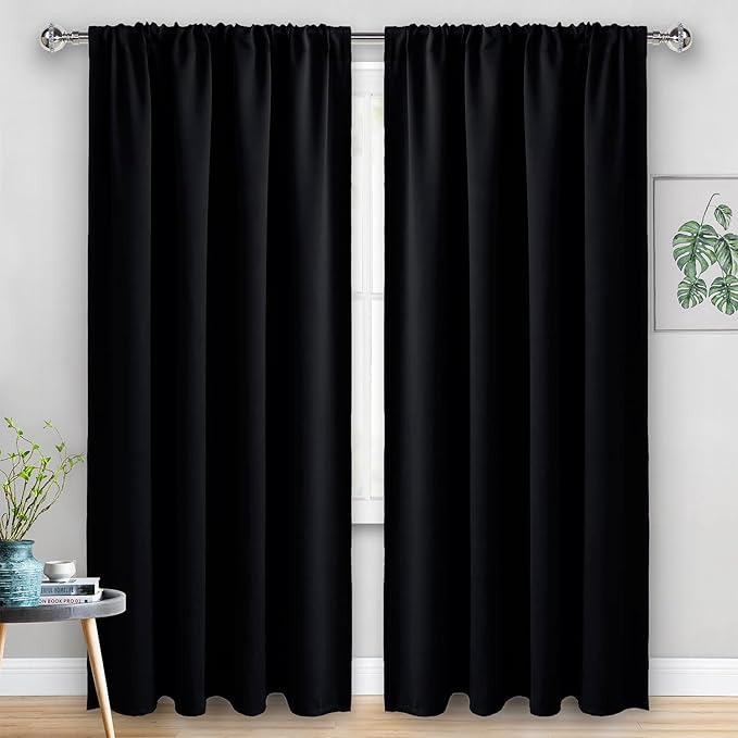 JIUZHEN Blackout Curtains for Bedroom - Thermal Insulated Room Darkening Rod Pocket Curtains for Living Room, Set of 2 Panels with Tiebacks, 70 x 96 Inch Length, Black