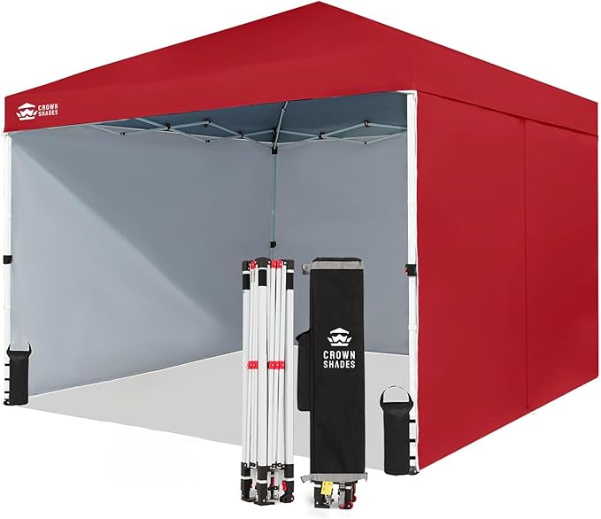 CROWN SHADES 10X10 Comercial Instant Canopy Pop Up Tent with Center Lock, 300D Fabric, 4 Sidewalls, Sto'N Go Bag, Red