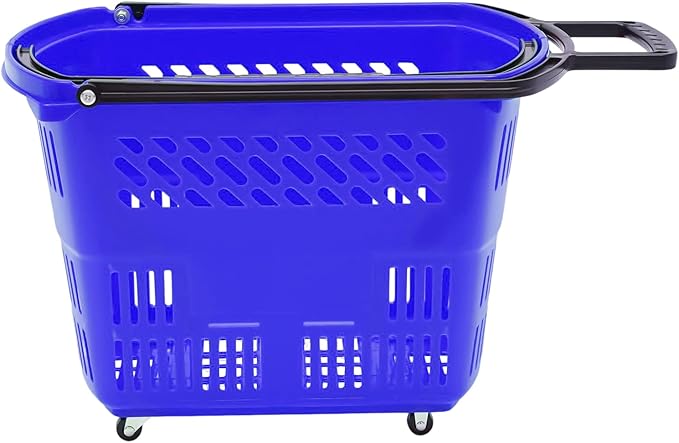 6PCS Plastic Shopping Basket with Handles & Wheels, 35L Rolling Shopping Carts, Grocery Basket with 4 Wheels and Handle, Portable Shopping Baskets for Retail Stores, Supermarkets (6PCS - Blue)