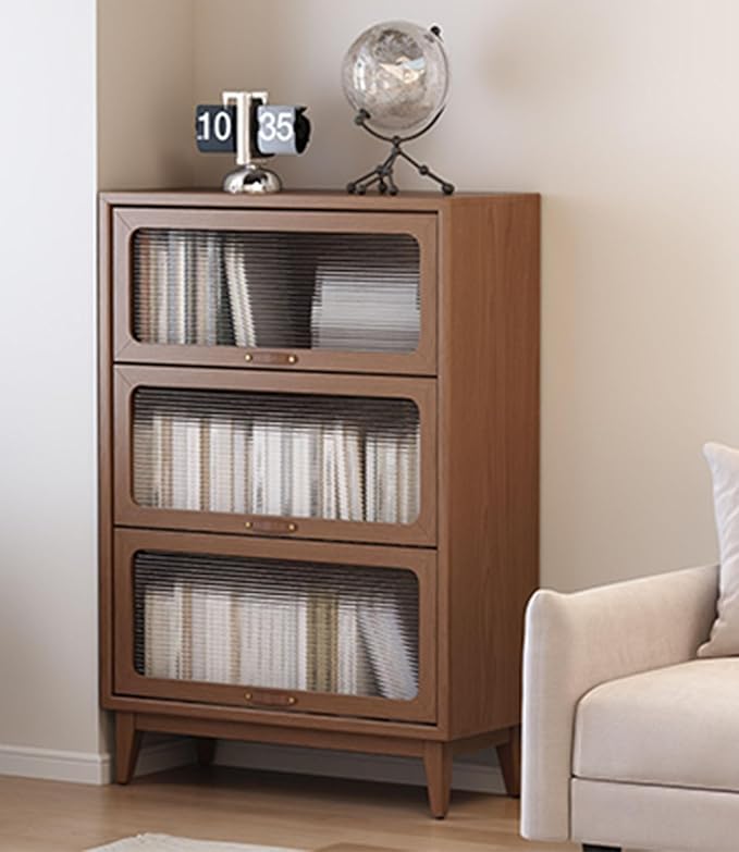 3 tier solid wood book case with corrugated tempered glass doors, dusty wooden bookshelf dark brown Flip-Up Glass Front Doors book cases/shelves for home office room with installation tool