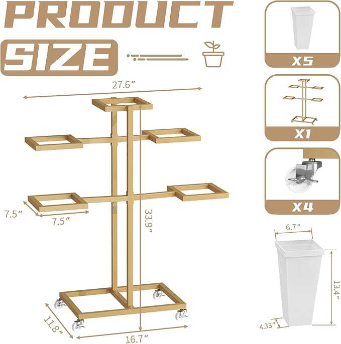 Flower bar Stand with Buckets, Moving Flower display stand with Wheels, Metal Flower cart for Bridal Shower, Wedding, Party, Garden, Gold